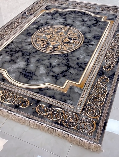 Elite Heritage Luxury Rug | Black Grey Gold Washable Non-Slip Carpet