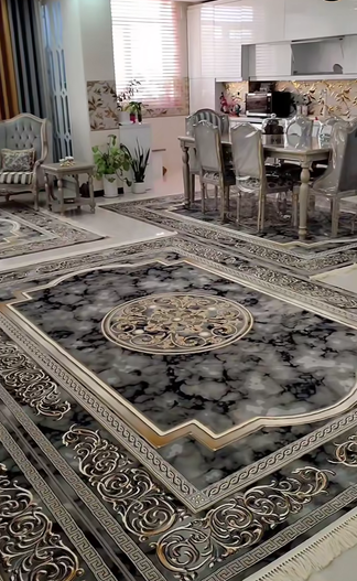 Elite Heritage Luxury Rug | Black Grey Gold Washable Non-Slip Carpet