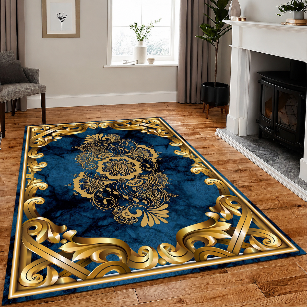 Royal Blue Gold Luxury Rug