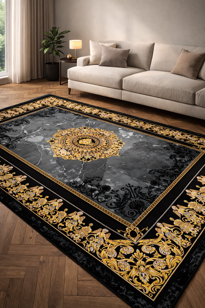 Marble Medallion Carpet – Black, Grey & Gold Finish