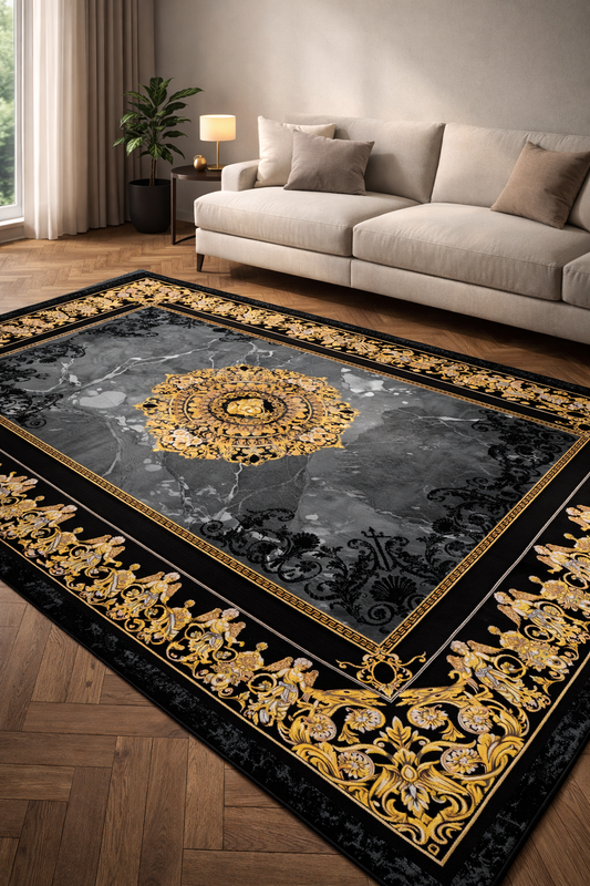 Marble Medallion Carpet – Black, Grey & Gold Finish