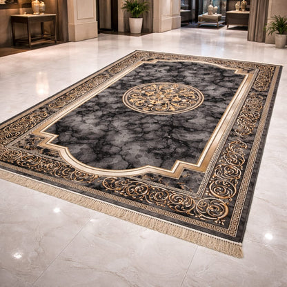 Elite Heritage Luxury Rug | Black Grey Gold Washable Non-Slip Carpet