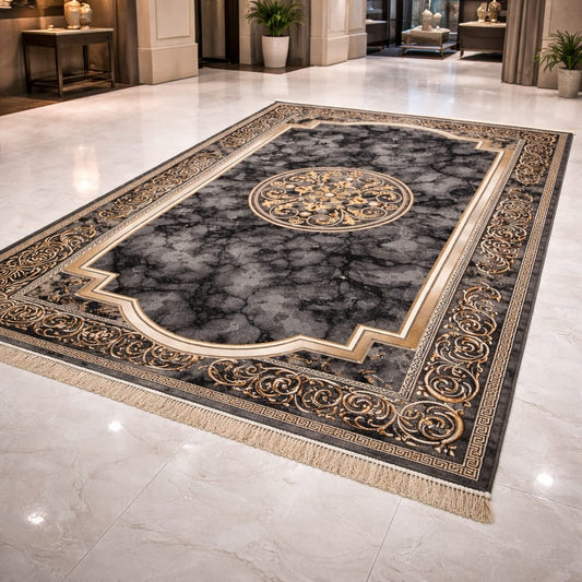 Elite Heritage Luxury Rug | Black Grey Gold Washable Non-Slip Carpet