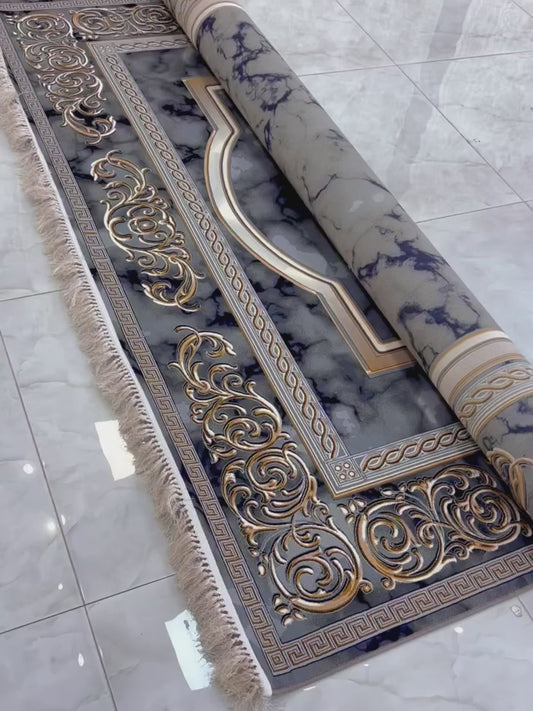 Elite Heritage Luxury Rug | Black Grey Gold Washable Non-Slip Carpet